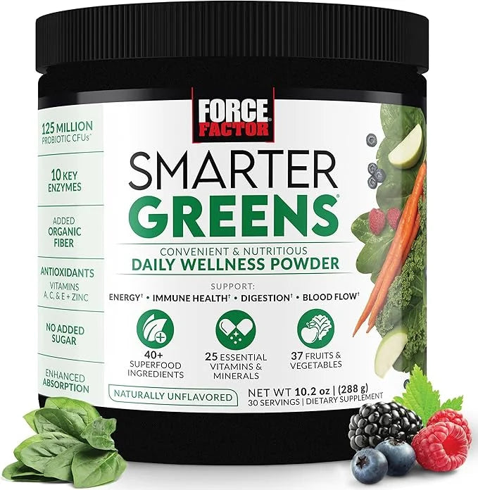 Force Factor Smarter Greens Daily Wellness Powder, Greens Superfood Powder to Support Gut Health, Bloating, & Digestion, w...