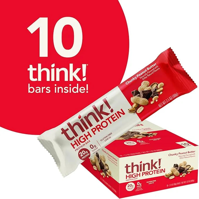 think! Protein Bars, High Protein Snacks, Gluten Free, Kosher Friendly, Chunky Peanut Butter, Nutrition Bars, 2.1 Oz per B...
