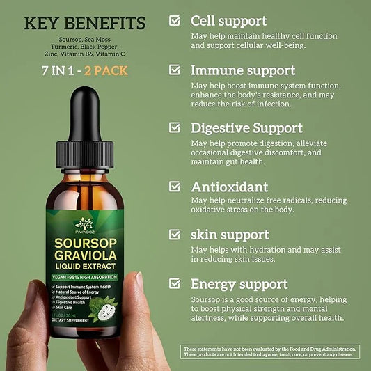 (2 Pack) 7 In 1 Organic Soursop Extract with Sea Moss, Soursop Bitters Liquid Drops Supplements for Cell Support & Regener...