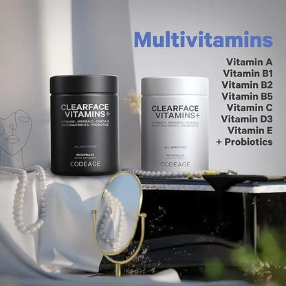 Codeage Clearface Pantothenic Acid, Niacin Supplement, D3, E, Omega-3, Niacinamide, 90 Capsules