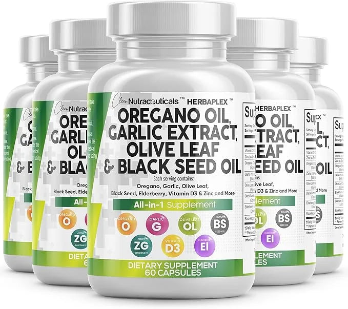 Clean Nutraceuticals Oregano Oil Garlic Extract Olive Leaf Black Seed Oil- Immune Support & Digestive Health Supplement fo...