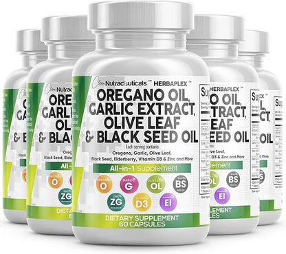 Clean Nutraceuticals Oregano Oil Garlic Extract Olive Leaf Black Seed Oil- Immune Support & Digestive Health Supplement fo...