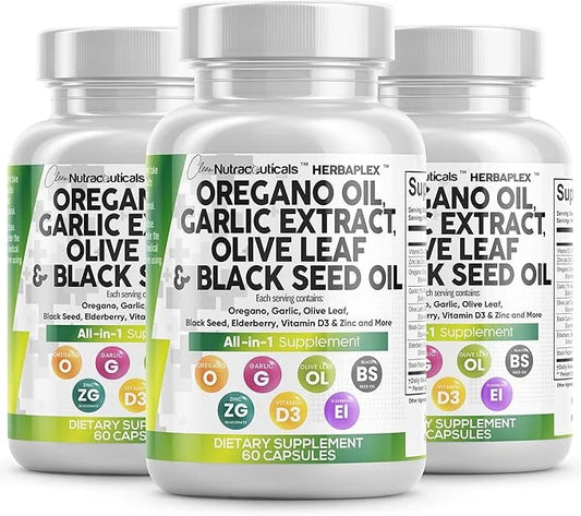 Clean Nutraceuticals Oregano Oil Garlic Extract Olive Leaf Black Seed Oil - Immune Support & Digestive Health Supplement f...