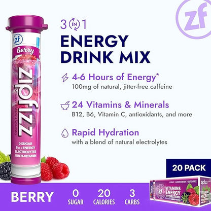 Zipfizz Daily Energy Drink Powder, Berry, 20 Pack | 3-in-1 Sustained Energy, Rapid Hydration, and Essential Vitamins | Sug...