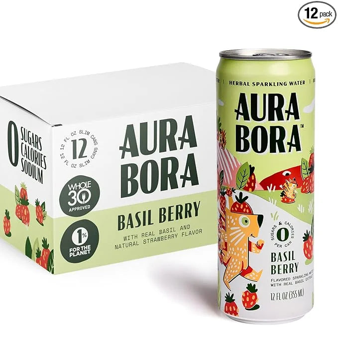 Aura Bora, Strawberry Basil Herbal Sparkling Water, 12 oz Can (Pack of 12), 0 Calories, 0 Sugar, 0 Sodium, Non-GMO - Produ...