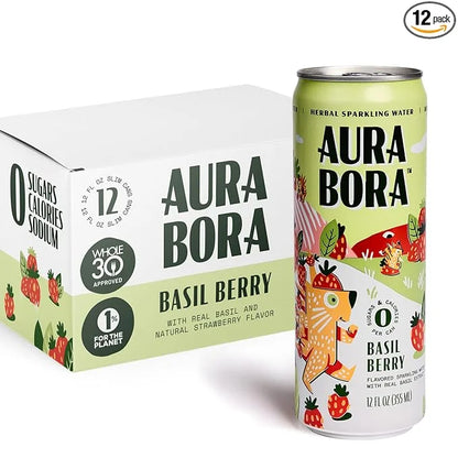 Aura Bora, Strawberry Basil Herbal Sparkling Water, 12 oz Can (Pack of 12), 0 Calories, 0 Sugar, 0 Sodium, Non-GMO - Produ...