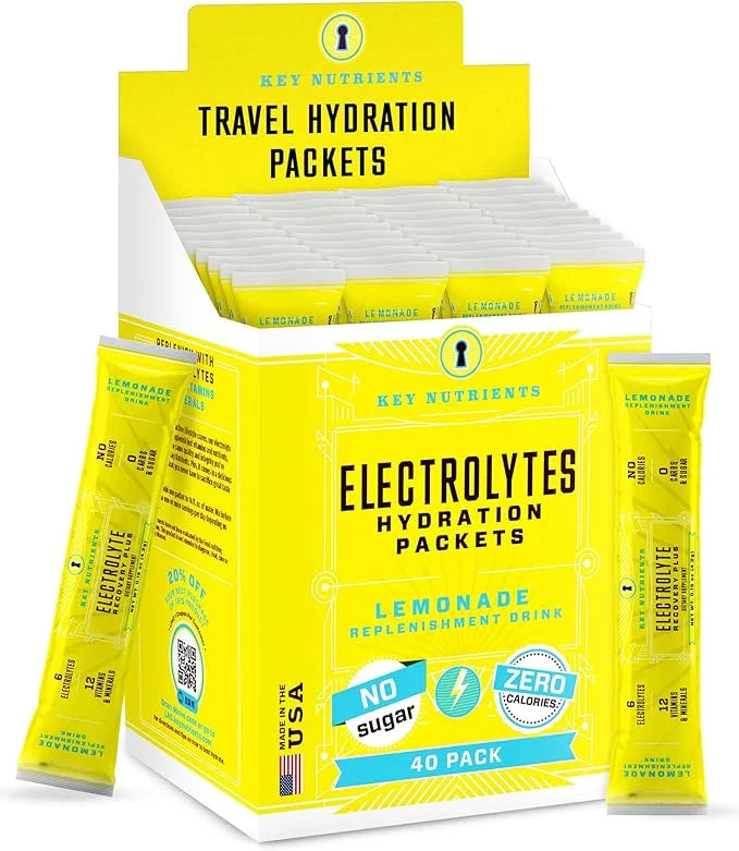 KEY NUTRIENTS Multivitamin Electrolytes Hydration Packets - Refreshing Lemonade Post Workout and Recovery 40 Pack - No Sug...