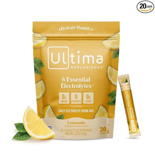 Ultima Replenisher Daily Electrolyte Powder Drink Mix – Lemonade, 20 Stickpacks – Hydration Packets with 6 Key Electrolyte...