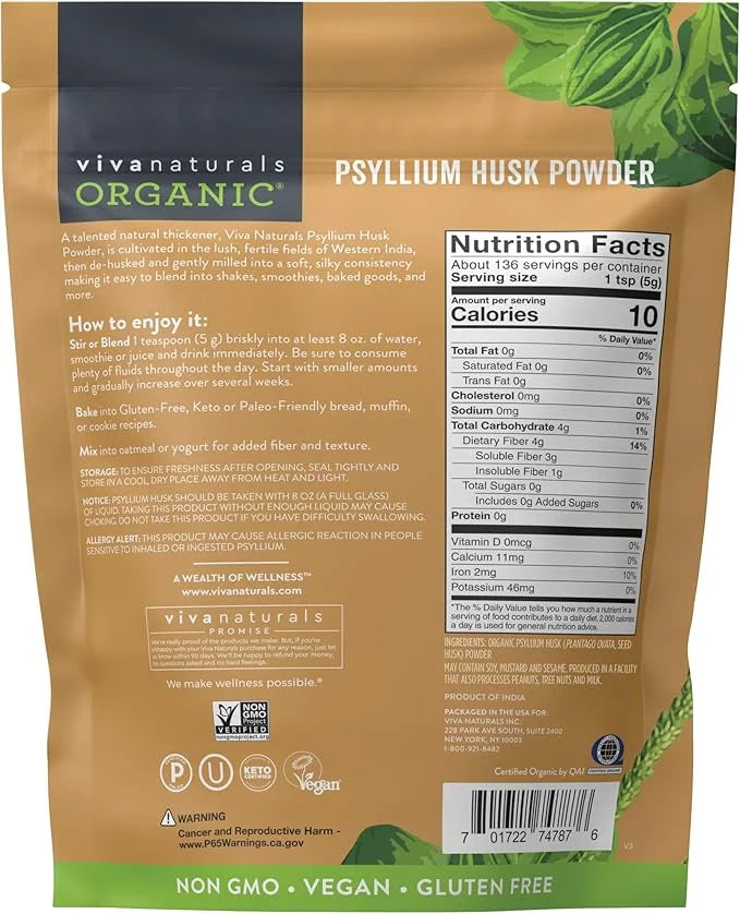 Viva Naturals Organic Psyllium Husk Powder, 24 oz - Finely Ground, Unflavored Plant Based Superfood - Good Source of Fiber...