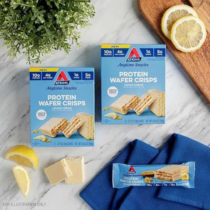 Atkins Lemon Wafer Crisps, Protein Snack, 10g Protein, 4g Net Carbs, 1g Sugar, 5g Fiber, 5 Count - Product Image