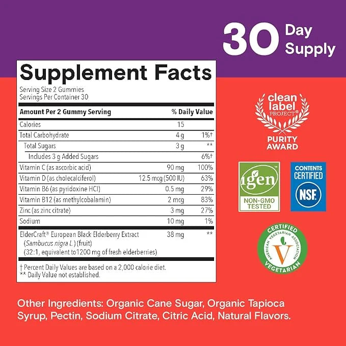 SmartyPants Kids Immunity Elderberry Gummies: Kids B6 & B12 and 60 Count (30 Day