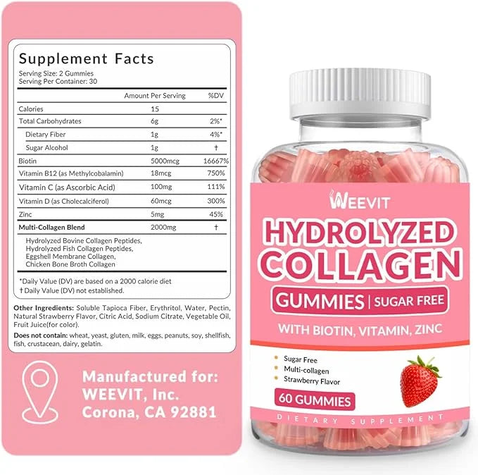 Sugar-Free Collagen Gummies for Women, Hydrolyzed B12, C,
