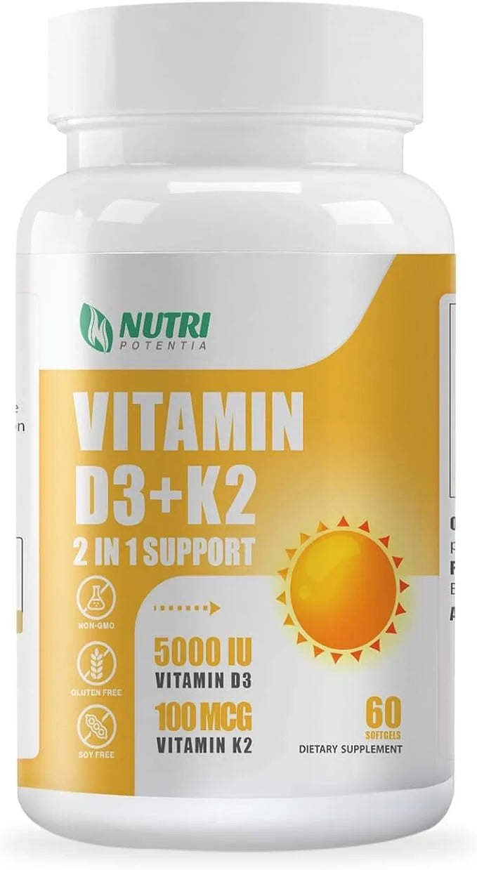 Vitamin D3 K2 with MCT Oil, Vitamin D3 5000 IU and K2 100mcg, Formula 2 in 1 for Bone and Heart Health, Gluten Free - 60 C...