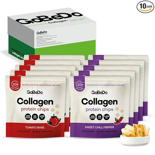 10-Pack Collagen Protein Chips - Sweet Chilli Pepper & Tomato Basil Flavors - 13g Protein Per Bag, GMO-Free, Gluten-Free, ...