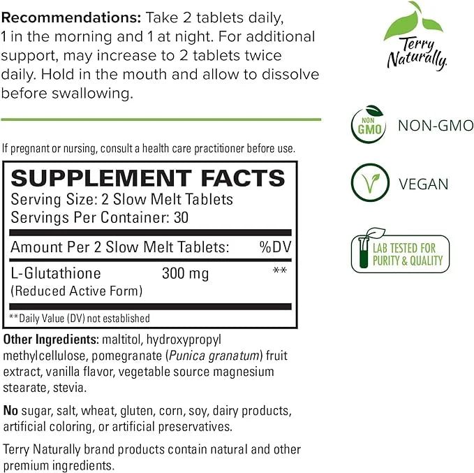 Terry Naturally Clinical Glutathione - 60 Slow Melt Tablets - Stable 300 mg L-Glutathione Supplement - Non-GMO, Vegan, Glu...