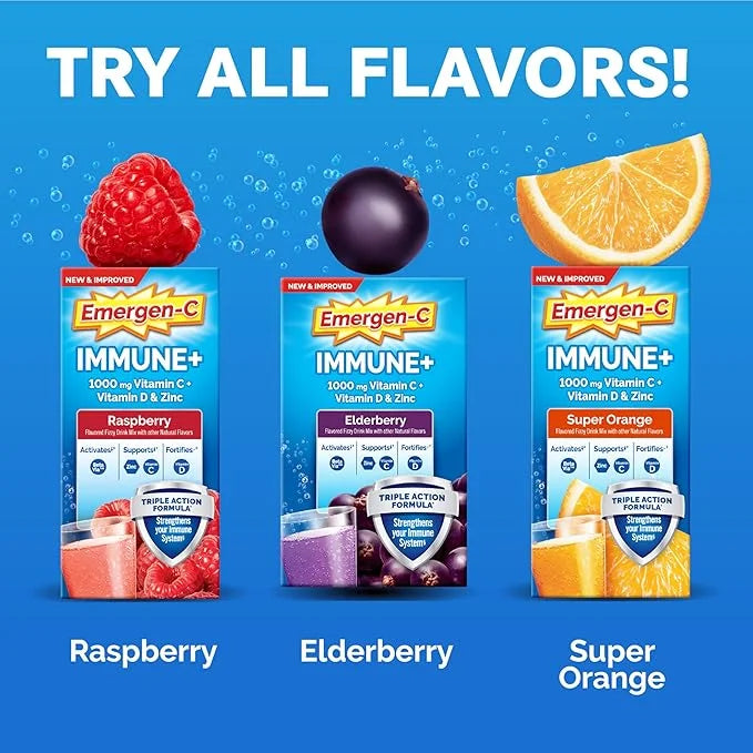 Emergen-C Immune+ Vitamin C 1000mg (18 Count, Elderberry) Dietary Supplement Fizzy Drink Mix Powder Packets - Product Image