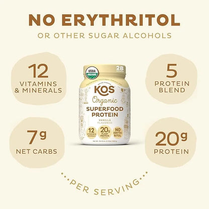 KOS Vegan Protein Powder Erythritol Free, 28 Servings