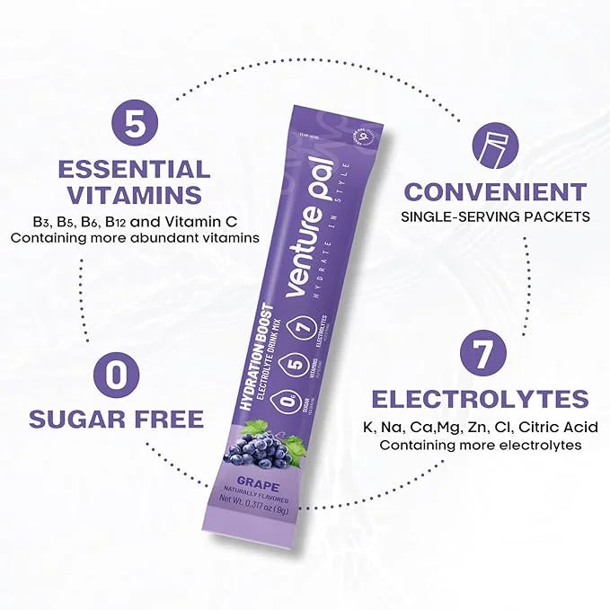 Venture Pal Sugar Free Electrolyte Powder Packets - Liquid Daily IV Drink Mix for Rapid Hydration & Party Recovery | 5 Vit...