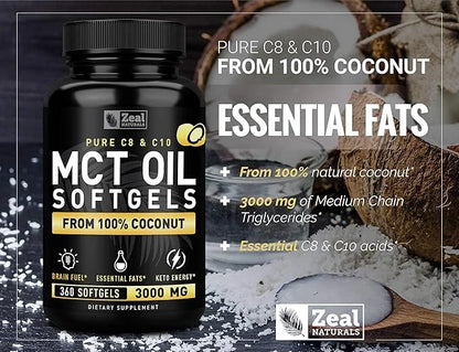 Pure MCT Oil Capsules (360 Softgels | 3000mg) 4 Month Supply Keto Pills w Unrefined Coconut - C10 & C8 Brain Fuel, Energy,...