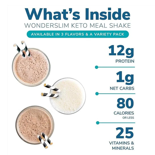 WonderSlim Keto Meal Replacement Shake, Variety Pack, Low Carb, C8 MCTs, 12g Protein, Collagen, 25 Vitamins & Minerals, Gl...