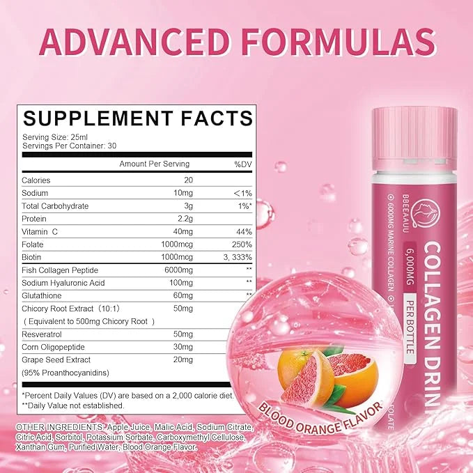 Collagen Drink with 6000mg Marine Collagen 0.85 Fl.Oz(25ml)x30 Fl.Oz(25ml)x30 Bottles,