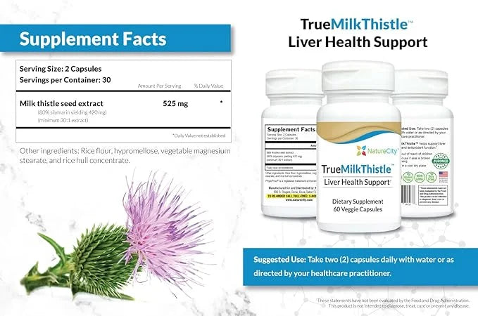 TrueMilkThistle | Milk Thistle Liver Supplement 525mg Milk (80% silymarin) 420mg of (60 Veggie