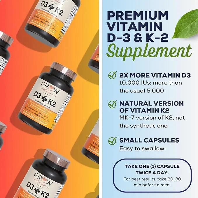 grow vitamin D3 K2 w/MCT Oil - 10,000 IU D3, 100 mcg K2 MK7, Calcium, Zinc, BioPerine, Magnesium for Superior Absorption -...