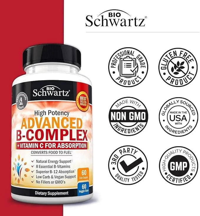 Vitamin B Complex with Vitamin C b12 & B1 B2 B2 B3 B3 B5 B5 B6 B6 B7 B7 B9 B9 for -60ct