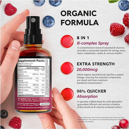 USDA Organic Vitamin B-Complex Liquid Spray 8-in-1 B5 Pantothenic B12 Methylcobalamin B1 Thiamine B6 Pyridoxine B7 Biotin ...