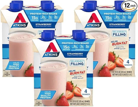 Atkins Strawberry Protein Shake, 15g Protein, Low Glycemic, 2g Net Carb, 1g Sugar, Keto Friendly, 12 Count - Product Image