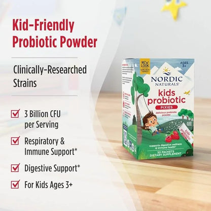 Nordic Naturals Kids Probiotic Pixies, Mixed Berry 30 Packets 3 Billion 30 Servings