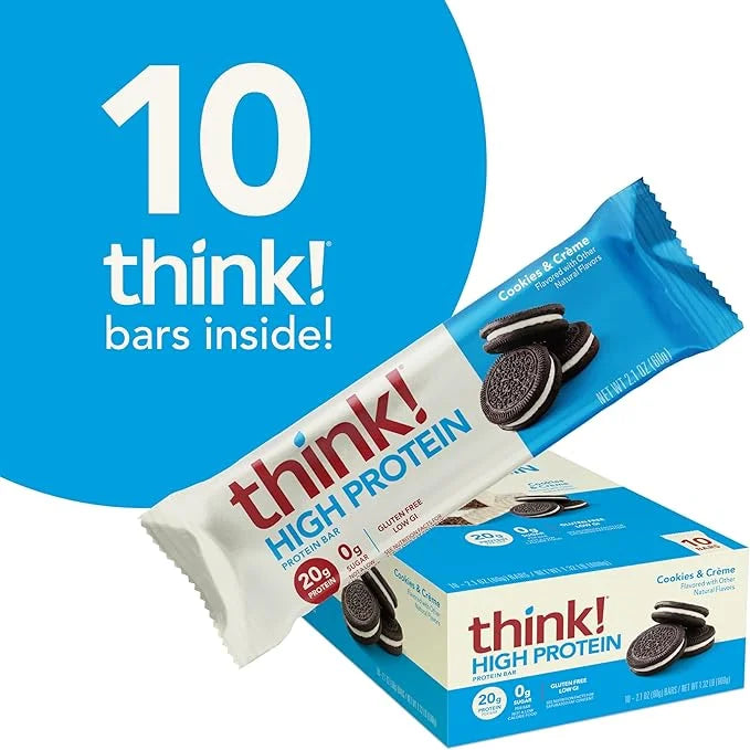 think! Protein Bars, High Protein Snacks, Gluten Free, Kosher Friendly, Cookies and Crème, Nutrition Bars, 2.1 Oz per Bar,...