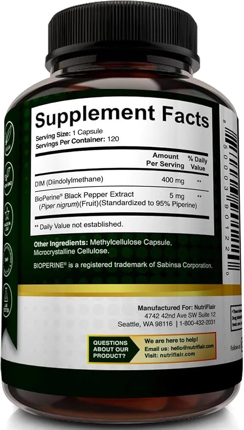 NutriFlair DIM Supplement 400mg with Bioperine, 120 Capsules - Diindolylmethane - Estrogen Metabolism Support & Hormone Ba...