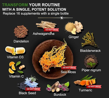 16-in-1 Organic Sea Moss 17500mg Ashwagandha 5000mg Black 4000mg Turmeric 5000mg Bladderwrack D3 with