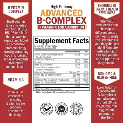 Vitamin B Complex with Vitamin C b12 & B1 B2 B2 B3 B3 B5 B5 B6 B6 B7 B7 B9 B9 for 120ct
