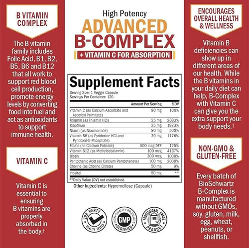 Vitamin B Complex with Vitamin C b12 & B1 B2 B2 B3 B3 B5 B5 B6 B6 B7 B7 B9 B9 for 120ct