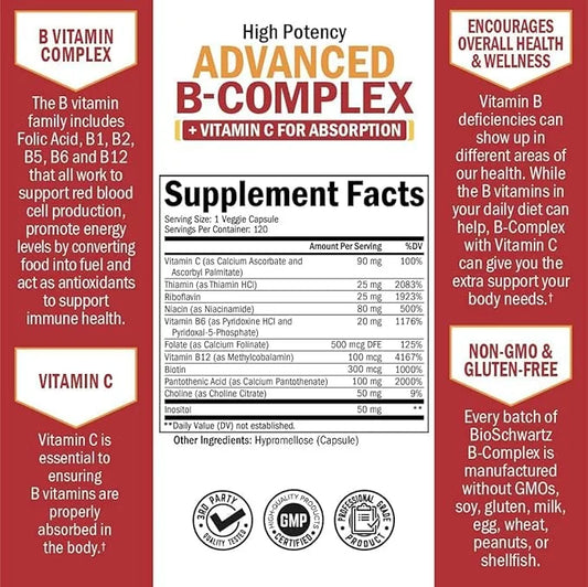 Vitamin B Complex with Vitamin C b12 & B1 B2 B2 B3 B3 B5 B5 B6 B6 B7 B7 B9 B9 for 120ct
