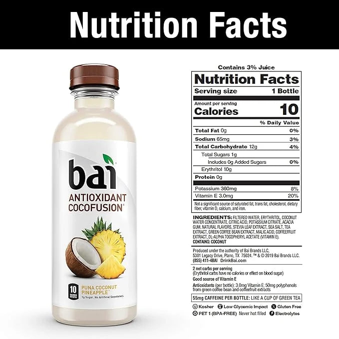 Bai Coconut Flavored Water Puna Coconut Pineapple, Antioxidant Infused, Coconut Pineapple Flavored Water Drink, 18 Fluid O...