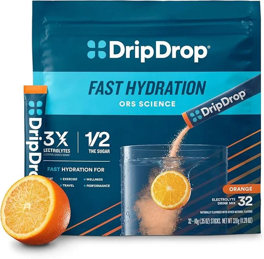 DripDrop Hydration - Orange - Electrolyte Drink Mix Single Serve Powder Packets | Non-GMO, Gluten Free, Vegan | 32 Sticks ...