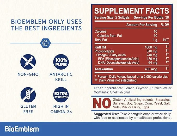 BioEmblem Antarctic Krill Oil Supplement 1000mg | Omega-3 Oil 60-Count Non-GMO