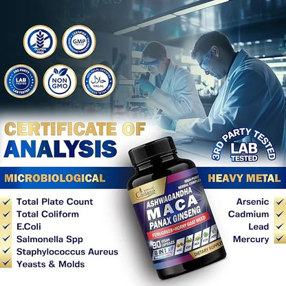 Organic Cadane Maca Root 9000mg Ashwagandha 900mg Panax 450mg Supplement 90 Capsules 3 Months