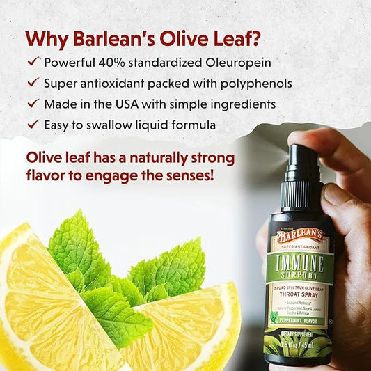 Barlean's 2 Pack Olive Leaf Complex Throat Spray with Peppermint, Lemon, and Sage for Itchy Throat Relief, Immune Support ...