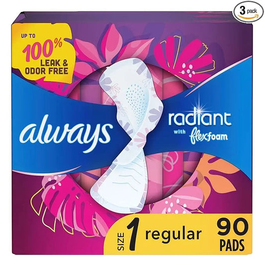 Always Radiant Feminine Pads For Women, 1 Regular 30 Count 3 Packs (90 Count