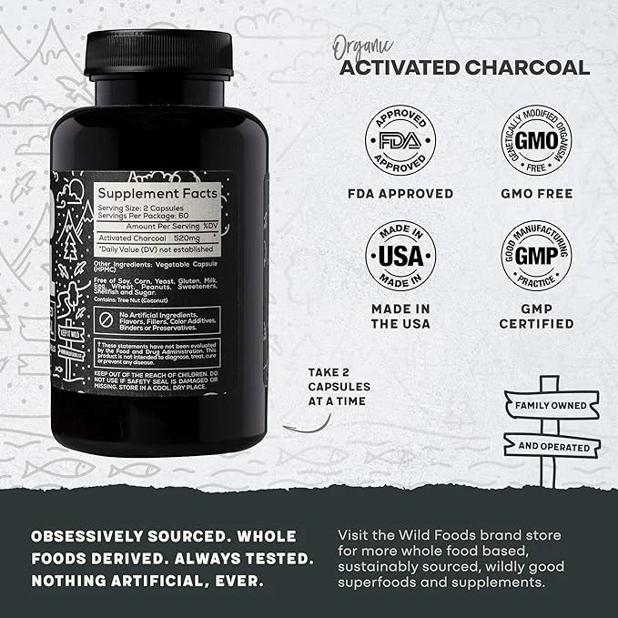 Wild Foods Activated Charcoal Capsules | 100% Organic Coconut Shells Active Tablets for Bloating Relief | Lab Tested & Non...