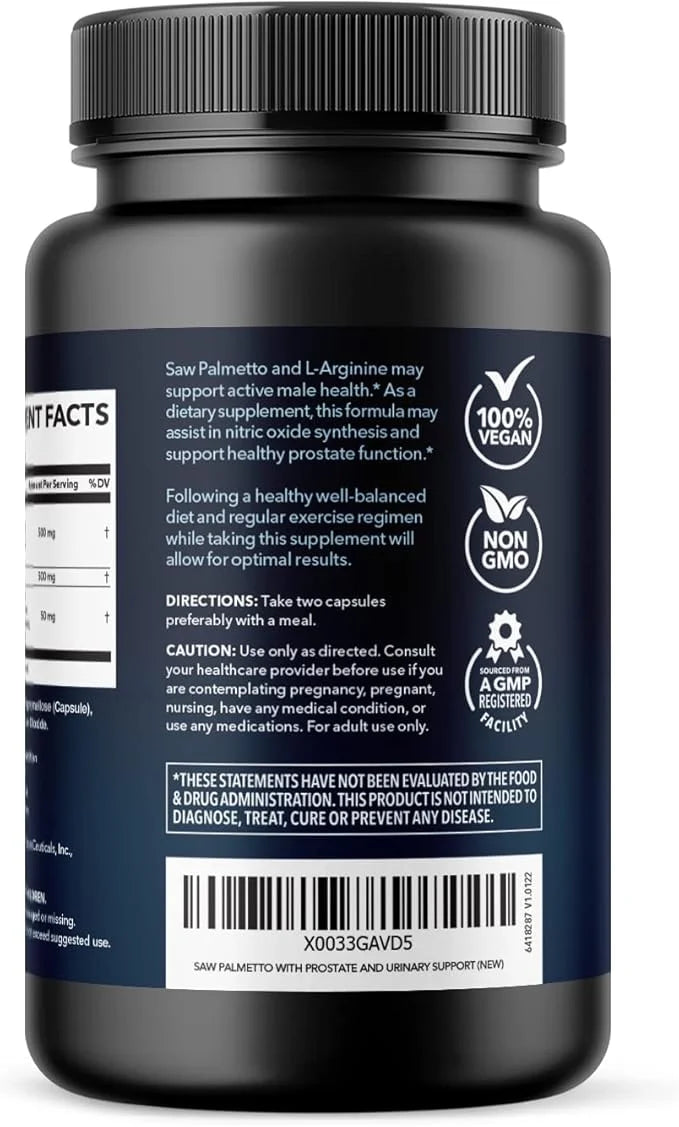 Saw Palmetto 500mg and L-Arginine 500 mg - Prostate Health and Nitric Oxide Supplements for Men - 60 Count - Urinary Funct...