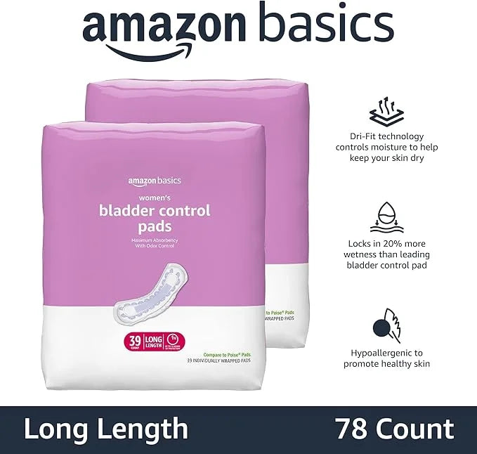 Amazon Basics Women's Incontinence Pads, Bladder 78 Count, (2 Packs 39)
