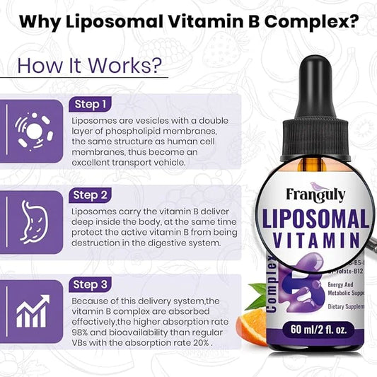 Liposomal Vitamin B Complex Liquid Sublingual B12,B1, B2, B2, B3, B3, B5, B5, B6,Folate,Biotin B6,Folate,Biotin for Suppor...