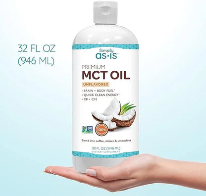AS-IS Simply Premium MCT Oil C8 & C10 | Unflavored | 100% from Non-GMO Coconuts | Perfect for Morning Coffee | Quick Clean...