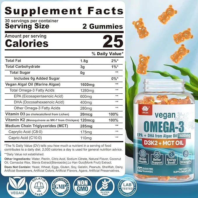 Vegan Omega3 Gummies 1280mg + Vitamin D3 K2, Sugar Free Omega 3 Fish Oil Alternative w/EPA 600mg & DHA 400mg & MCT Oil, No...