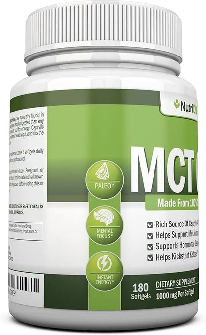 MCT Oil - 3000mg Per Serving - 180 Softgels - Made from 100% Organic Coconuts - Non GMO, Cold Pressed, Paleo Friendly Caps...
